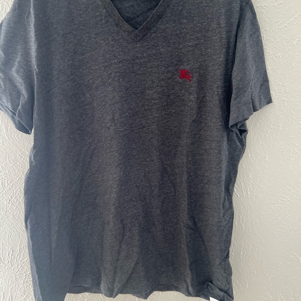 Gray V-Neck T-Shirt with Red Logo